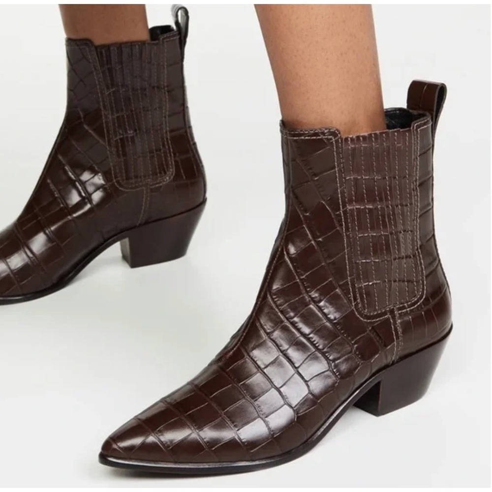 Loeffler Randall Croc-Embossed Pointed Toe Ankle Boots in Dark Brown